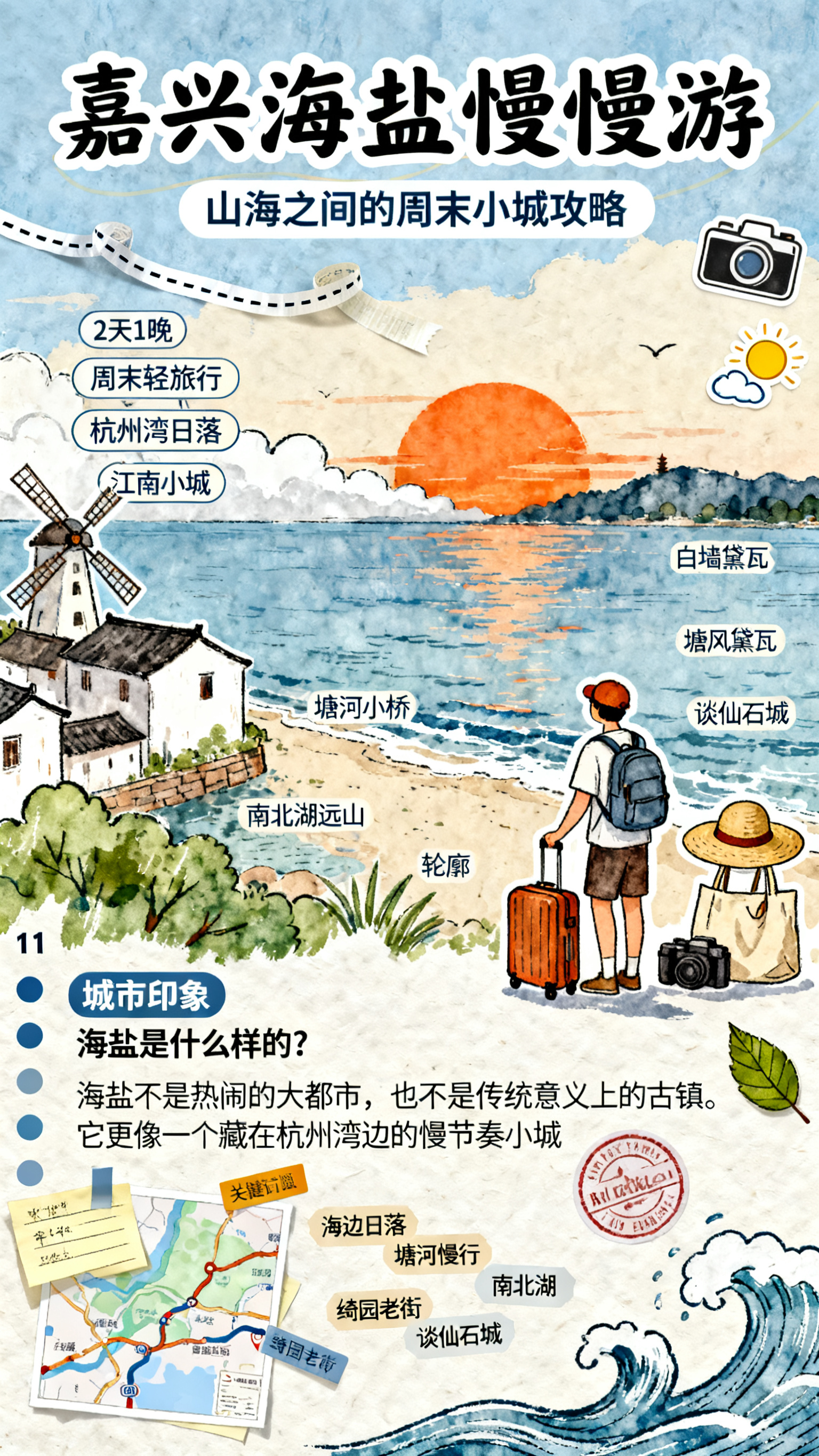 原创手绘插画风竖版长图，旅行手账风格，平面设计稿，平面无透视，… - 图片创意预览