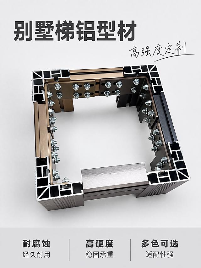 [主图-1] 别墅梯铝型材产品首图；保持别墅梯铝型材产品外观（物理结构、材质质感、颜色）与输入产品图绝对一致，杜绝任何变形和色差，精细化处理；背景替换为干净浅灰白色，产品主体居中放大，商品主体占比约70%，画面满屏无边框；商业摄影质感，光线柔和通透，产品清晰真实，画面干净高级，符合小红书原生简约风格。顶部左对齐留安全边距，大字文案写"别墅梯铝型材"，深灰色最大号粗体无衬线；右侧手写体装饰词"高强度定制"。底部浅灰色通栏均分三列，每列上短句下说明左对齐，文字清晰不遮挡主体。第一列：耐腐蚀 经久耐用；第二列：高硬度 稳固承重；第三列：多色可选 适配性强；文字为深灰色，现代无衬线字体，大小对比清晰。主光从左侧打亮产品轮廓，辅光补充暗部细节，金属切面高光清晰，整体光影通透不发灰；配色主调浅白，文字深灰，产品本身金属棕黑金配色自然呈现。视角平视，景深适中，产品完整不裁切。比例3:4，4k分辨率，文字清晰锐利，超高清。负向提示词：变形，水印，文字错乱，产品图模糊，背景杂乱，遮挡主体。
