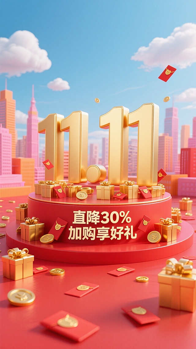 巨大的金色 “11.11” 立体数字立在带有红色装饰的圆形展台上，展台上有字“直降30% 加购享好礼”周围有金色礼盒，点缀红包、金币等元素，背景天空、云朵，城市建筑群在后方若隐若现，大量红色搭配粉、橙、蓝为主色调，红色地面，促销氛围