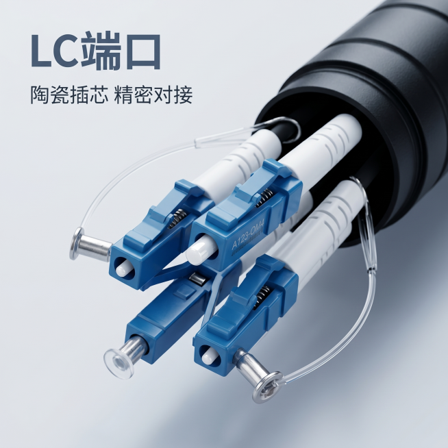 [主图-2] LC端口细节微距特写
[氛围风格] 科技精致质感，延续整体冷调专业风格
[画质] 微距高清摄影质感，8K超高清，纹理细节清晰锐利
[元素] 对光纤线缆的LC端口进行微距特写，清晰展示端口预览效果