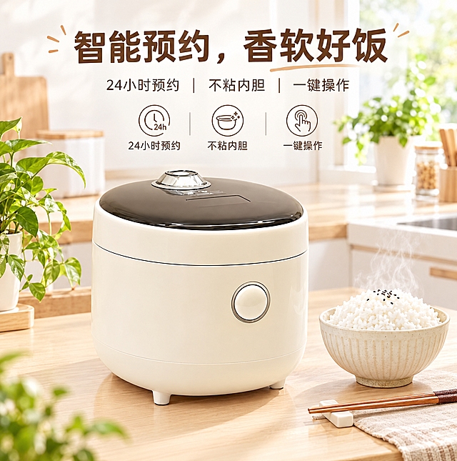 电商海报，现代简约风格，主色调为白色和浅木色，温馨舒适的家庭氛围。画面主体是一台米白色电饭煲（参考图中电饭煲的外观造型），电饭煲旁边摆放一碗香喷喷的白米饭和一双筷子。背景是明亮整洁的厨房台面，有绿植点缀。海报上方大字标题："智能预约，香软好饭"，下方小字："24小时预约 | 不粘内胆 | 一键操作"。整体画面干净、透亮，突出产品便捷与美味。