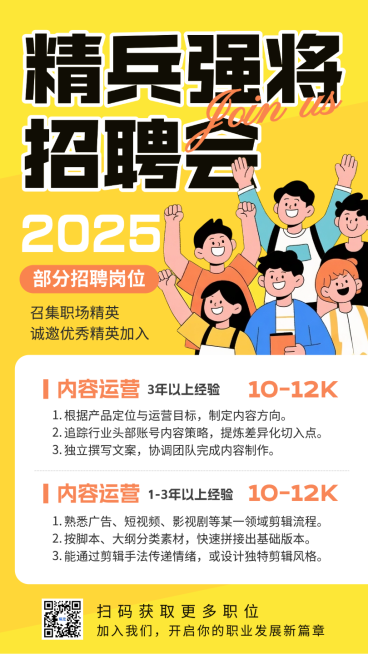 黄色卡通插画春季企业人才招聘会手机海报 (1)预览效果