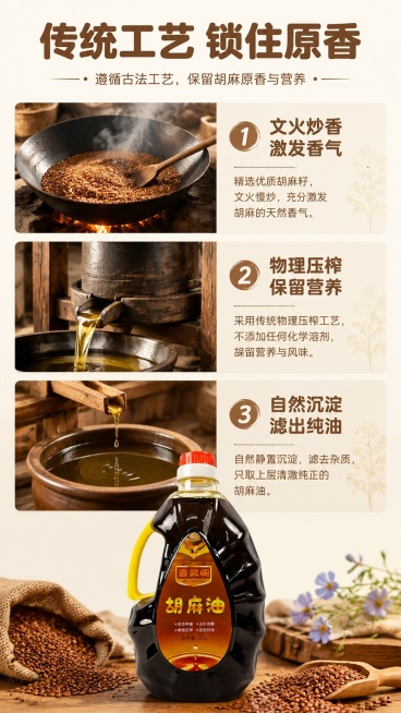 [第3屏] 工艺展示屏-传统火炒+物理压榨工艺介绍。本屏使用【图1】作为产品辅助展示。
[氛围/风格] 传统粮油工艺氛围，质朴自然，清晰分步展示，实景质感。
[元素布局] 纵向三格排布，每格分别展示传预览效果