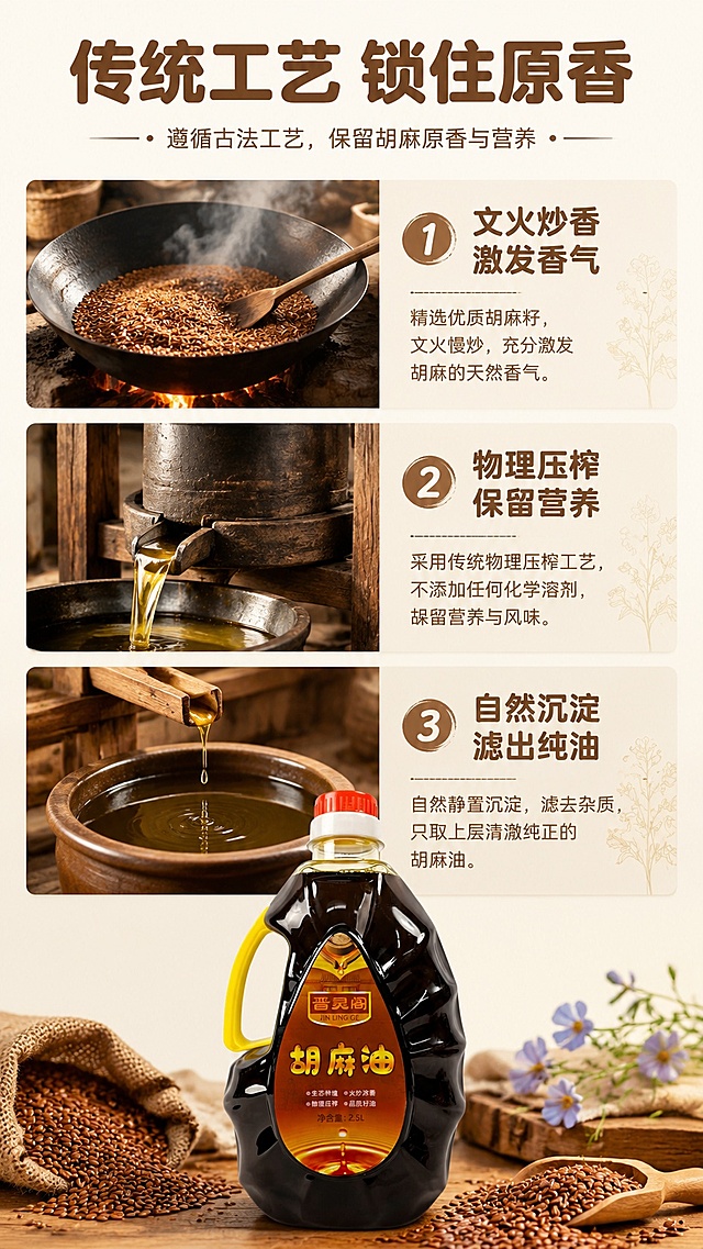 [第3屏] 工艺展示屏-传统火炒+物理压榨工艺介绍。本屏使用【图1】作为产品辅助展示。
[氛围/风格] 传统粮油工艺氛围，质朴自然，清晰分步展示，实景质感。
[元素布局] 纵向三格排布，每格分别展示传统火炒原料、物理压出油、自然沉淀三步工艺，每格搭配对应实景小图，底部放置完整胡麻油产品；产品瓶身保持与原图一致结构颜色。
[光影质感] 均匀柔光照明，每格画面光影统一，清晰展示各环节细节，无明显死黑区域。
[配色色系] 全局底色 #FAF4E8；主色暖棕金黄；辅助色米白背景，深棕文字。
[视角构图] 纵向分屏构图，从上到下逐步展示工艺，符合手机阅读动线。
[文字版式] 顶部主标题「传统工艺 锁住原香」，副标题每步工艺配简短说明：「1.文火炒香 激发香气」「2.物理压榨 保留营养」「3.自然沉淀 滤出纯油」；字体保持温润圆角黑体，每个步骤配浅棕底框区分，排版工整清晰。
[比例分辨率] 9:16 竖版比例，4K分辨率，文字清晰可辨，高清画质。
[负向提示词] 产品变形，文字错乱，排版拥挤，画面模糊，虚假宣传