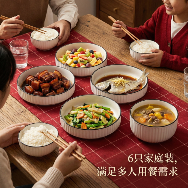 这是一只陶瓷盘，其名称为山田竖纹美式盘，碗口直径为7英寸。我给你提供了一张白底图，请根据我的白底图，帮我绘制8张不同角度的场景图。每张场景图比例为1:1，内容是将这些盘子与不同的日常生活场景结合，并配预览效果