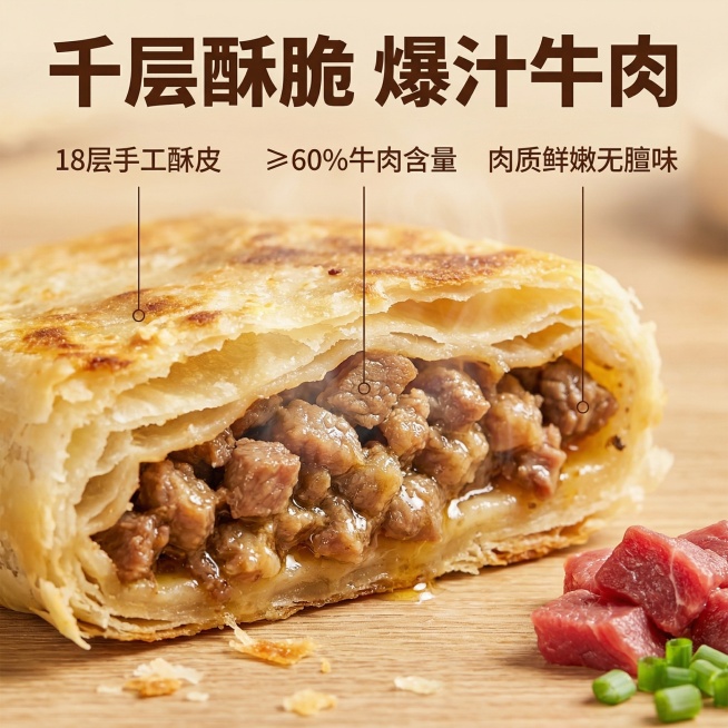 [垫图]用户上传的牛肉馅酥皮牛舌饼图；[主图主题]牛肉馅酥皮牛舌饼细节展示；[氛围/风格]食欲感拉满，微距写实，暖光通透；[画面元素]特写切开的牛舌饼横截面，清晰展示千层酥脆的饼皮纹理和饱满多汁的牛肉预览效果