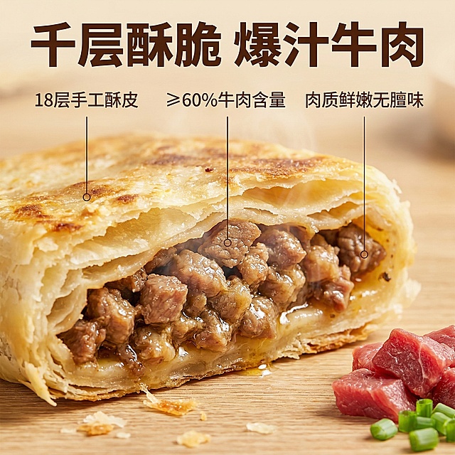 [垫图]用户上传的牛肉馅酥皮牛舌饼图；[主图主题]牛肉馅酥皮牛舌饼细节展示；[氛围/风格]食欲感拉满，微距写实，暖光通透；[画面元素]特写切开的牛舌饼横截面，清晰展示千层酥脆的饼皮纹理和饱满多汁的牛肉内馅，牛肉颗粒分明，油脂光泽透亮，饼皮掉渣的细节清晰可见，旁边摆放着几小块鲜牛肉作为原料对照，背景为浅棕色木质纹理，暖光打在馅料上凸显鲜嫩质感，全屏无框；[配色色系]主色调：暖棕色（馅料）、金黄色（饼皮）；辅助色：红色（牛肉）、原木色；[视角构图]微距特写视角，横切的牛舌饼占据画面中心，主体占比70%，景深较浅突出细节；[文字版式]顶部主标题“千层酥脆 爆汁牛肉”，用纤细引线分别标注：“18层手工酥皮”、“≥60%牛肉含量”、“肉质鲜嫩无膻味”，字体为无衬线粗体，字色为深棕色，悬浮在画面留白处，不遮挡细节；[比例分辨率]1:1比例，2k分辨率