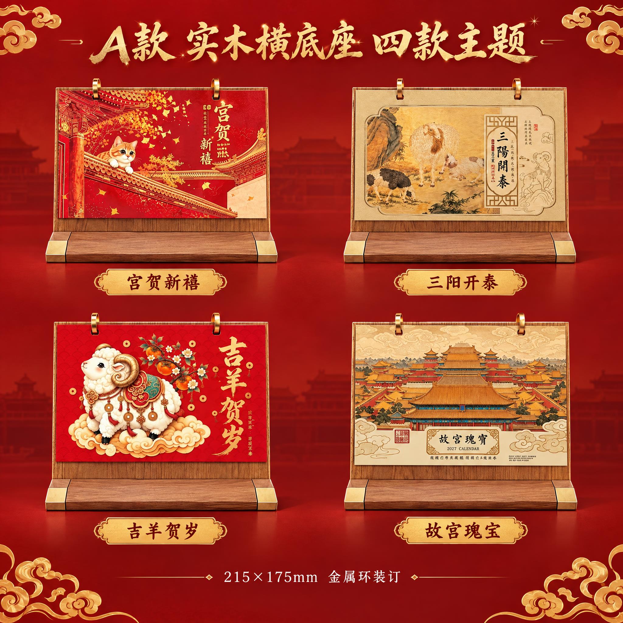 生成A款横木架台历四款组合图，2×2宫格布局，四款均为A款实木… - 图片创意预览