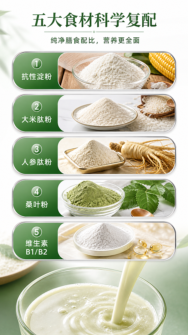9:16竖版电商详情页，纵向五宫格竖向矩阵构图，留白33%。从上至下依次排列5组统一规格圆角食材模块，分别是抗性淀粉、大米肽粉、人参肽粉、桑叶粉、维生素B1/B2，每组含高清食材实拍+银色边框+绿色品名标签，画面底部搭配冲调后饮品细腻质地特写。主标题五大食材科学复配，副标题纯净膳食配比，营养更全面。配色健康绿60%，银色30%，暖黄10%，模块化统一圆角排版，干净高级，真实高清商业摄影，无卡通插画国风。