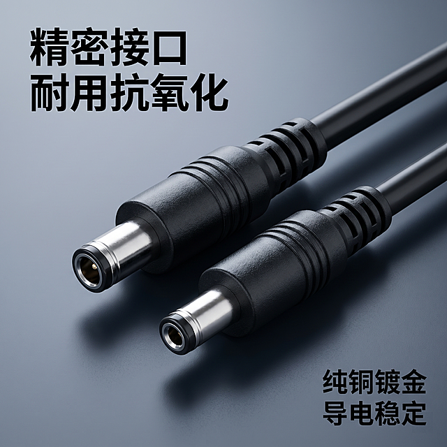 [主图 3] DC一分十六公对母线接口细节特写主图。保持产品外观（物理结构、材质质感、颜色）与输入产品图绝对一致，杜绝任何变形和色差，精细化处理。[氛围风格] 微距特写，质感高级，科技专业。[画质] 商业摄影质感、超高清晰度、细节锐利、画面干净。[元素] 特写展示公头DC插头和母头接口的金属部分，居中放置在画面中心，占比约70%。展示金属插针的精密做工和PVC外壳的材质纹理，背景为虚化深灰色质感背景，突出产品细节。[光影] 侧光打光，突出金属光泽和材质纹理，明暗对比清晰，高光锐利，阴影过渡自然。[配色] 深灰背景，黑色产品，银色金属，对比清晰。[视角构图] 微距特写平视视角，焦点精准对在金属接口处，浅景深突出主体。[文字版式] 左上角主标题“精密接口 耐用抗氧化”加粗黑色，右下角标注“纯铜镀金 导电稳定”小号文字，都放置在负空间不遮挡细节。[比例分辨率] 1:1 比例，2k 分辨率，文字清晰可辨。[负向提示词] 变形，水印，文字错乱，产品模糊，背景杂乱，焦外不实，过度模糊
