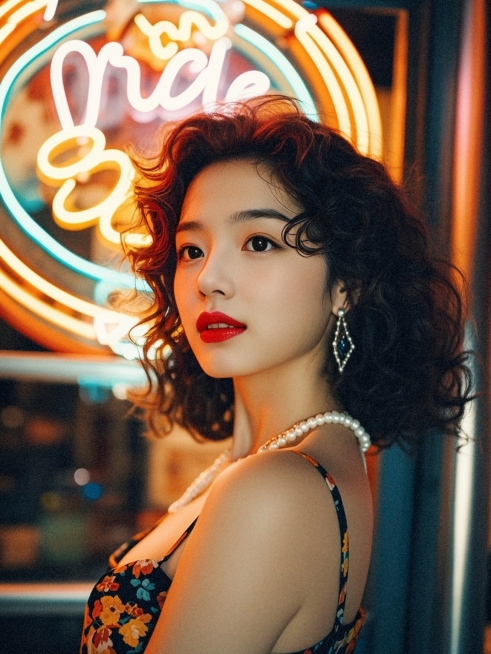 卷发美女，红唇配珍珠耳环，穿碎花吊带裙，站在霓虹灯牌下，背景是湿漉漉的街道，胶片颗粒质感，港风复古风格预览效果