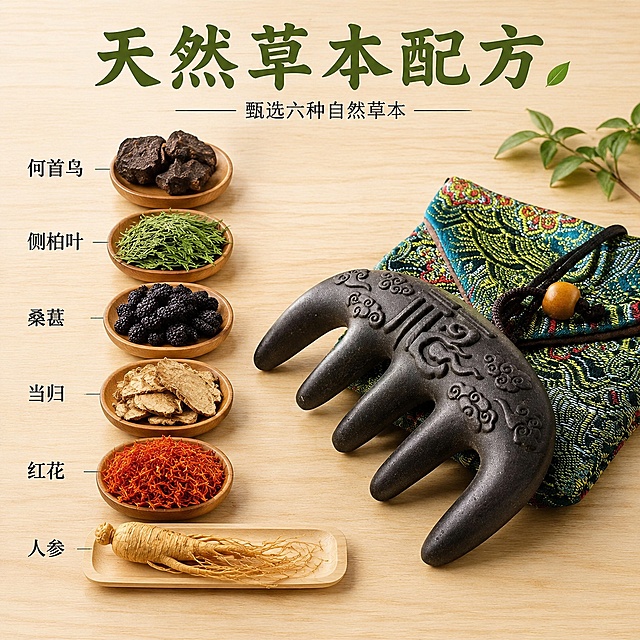 「图片1」，生成一套主图（5张），商品名称是非遗草本梳，卖点是含有草本植物，何首乌，侧柏，桑葚，当归，红花，人参，做图时候=不要违规，不能存在药，适配淘宝/天猫平台，主图比例为1:1