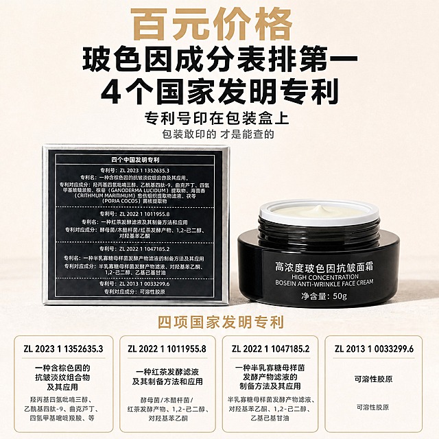 基于第一张主图进行修改，严格保持其他所有元素不变：
1. 将右侧的黑色面霜罐（带盖闭合状态）替换为第二张图中的面霜罐（开盖状态，罐盖取下，罐内露出白色乳霜质地），产品外观、罐身文字「高浓度玻色因抗皱面霜」中英文及「净含量:50g」必须与第二张产品图完全一致，不得篡改或扭曲产品上的任何文字；
2. 开盖后的面霜罐放置在右侧原位置，罐口朝上，白色乳霜质地清晰可见，罐身正面文字正对镜头，保持与原产品相同的大小比例和位置；
3. 去掉原来的手，产品直接放置在奶白色台面上，有自然柔和的接触阴影；
4. 画面其余所有元素（主标题、副标题、辅助文案、左侧包装盒、底部四张专利卡片、整体配色、背景、光影风格）全部保持原样，不做任何改动。