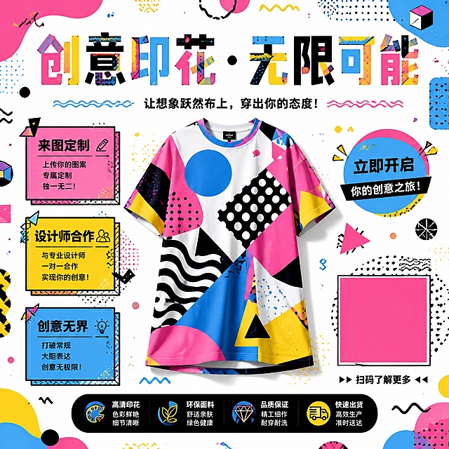孟菲斯风格的创意印花设计海报，正方形1:1构图。主标题「创意印花 · 无限可能」采用活泼的彩色几何字体。背景为白色，布满孟菲斯风格的几何图形：波浪线、圆点、三角形、不规则色块，色彩鲜艳（粉、蓝、黄、黑）。画面中央展示一件印着夸张几何图案的服装，充满设计感。卖点：「来图定制」「设计师合作」「创意无界」，用孟菲斯风格图形框呈现。整体风格大胆、活泼、充满艺术感。版式精美，色彩丰富但有序。画面中所有信息区域必须填充完整合理的内容。二维码区域使用纯色方块占位符。超高清，2K分辨率。