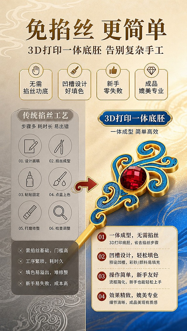 [商品] 使用【图5】卷草红宝石款3D打印发簪成品；保留卷草纹造型、红宝石镶嵌、蓝色彩砂填充、金色底胚结构和颜色；商品处理：保留原貌，增强金属光泽和宝石通透感。
[画面] 页面目标：核心卖点展示，突出免掐丝工艺和3D打印底胚优势。构图：左右对比布局，左侧示意传统掐丝复杂工艺（用线稿/剪影表现），右侧展示本产品3D打印成品，中间用箭头连接。主体发簪占画面40%位于右侧。景别：特写+中景结合。背景：浅金色渐变，左侧偏灰调代表复杂，右侧明亮金蓝代表简单精美。
[视觉] 套系策略：风格=国风新中式轻奢商业摄影；标题字=宋体衬线粗体（国风典雅）；正文字=简洁无衬线体；主色=鎏金+宝蓝；背景延展=基于鎏金、宝蓝做深浅层级渐变，搭配暗纹祥云、宣纸质感底；强调色=朱砂红，仅用于小面积标签、引线和重点字；标题色=深金色；正文色=深棕灰；组件=金色描边圆角信息卡、云纹引线、圆点装饰；光影=左前侧暖柔光，右侧补冷蓝光，营造金蓝撞色高级感。
[文字] 主标题：免掐丝 更简单；副标题：3D打印一体底胚 告别复杂手工；4个卖点：无需掐丝功底、凹槽设计好填色、新手零失败、成品媲美专业。文字区位于画面上半部分，左右对比配文字说明。
[规格] 图片比例9:16竖版，4K分辨率，淘宝/天猫详情页风格，中文简体，避免变形、错字、文字过小、发簪造型失真、颜色改变、绝对化用语。