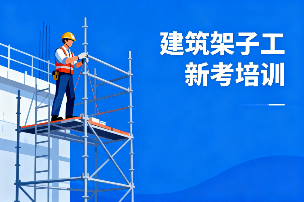 建筑架子工新考培训宣传图，和之前的工种培训图风格统一，蓝色商务简约风，左侧是佩戴安全装备的建筑架子工搭建脚手架的写实场景插画，右侧醒目显示文字'建筑架子工 新考培训'，整体清晰规范预览效果