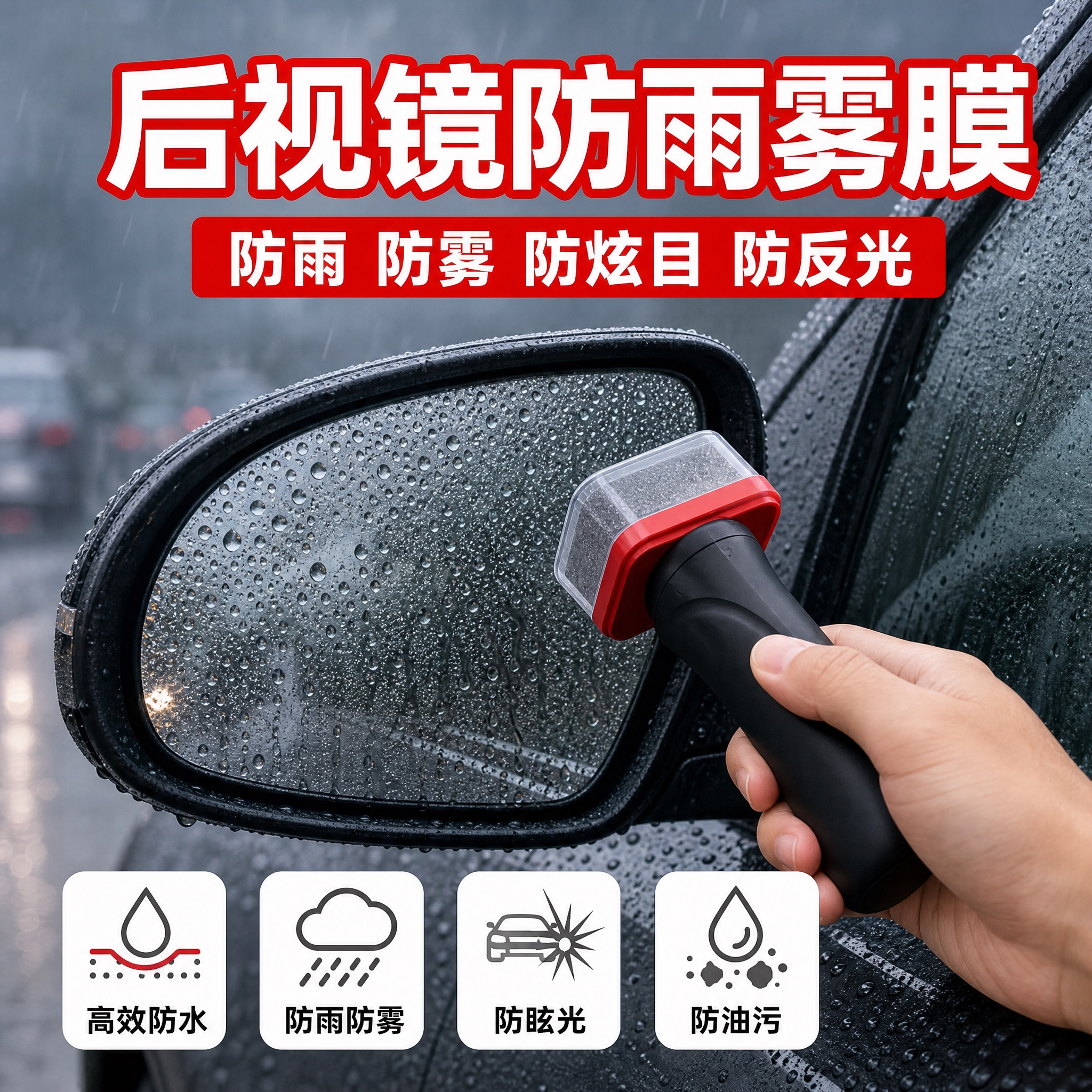 [主图-3] 后视镜防雨效果演示图，突出玻璃油膜去除剂的防雨防… - 图片创意预览