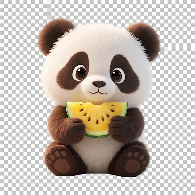 将熊猫手中原本拿着的电话卡替换为一块黄心西瓜，保留原本毛绒质感熊猫的整体形象和构图，背景保持透明，风格和原图一致为3D毛绒卡通风格
