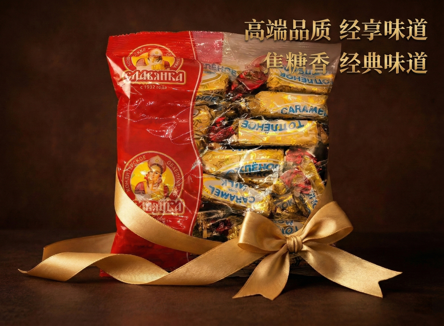 添加卖点文案 "高端品质 经典味道" "焦糖奶香 双重享受"，文案采用奢华的金色字体，放置在画面合适位置，不遮挡主体预览效果
