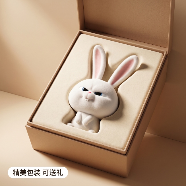 [主图 8] 兔老大植绒冰箱贴礼品包装展示图。[氛围风格] 精致美观，突出送礼属性。[画质] 商业摄影质感，光线柔和通透，产品清晰真实，画面干净高级。[元素] 兔老大冰箱贴放置在精致礼盒中，礼盒打开，预览效果