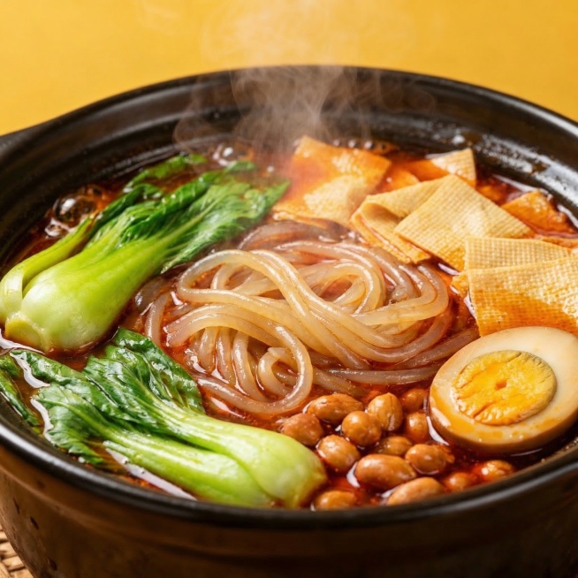 将砂锅里的食材替换为软糯的土豆粉，搭配青菜、豆皮、花生、卤蛋等常见配菜，红亮浓郁汤汁，整体热气腾腾，Q弹爽滑有食欲预览效果