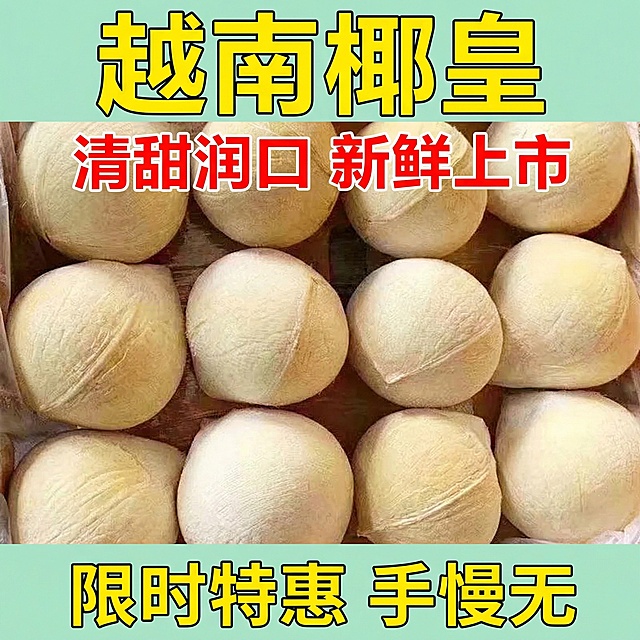 我是在拼多多卖越南椰皇的 帮我做10张主图 要求和图二格式一样 泰国牛奶椰皇换成越南椰皇 其他文字可写 天然好椰 新鲜上市 限时特惠 手慢无 椰香浓郁 清甜润口 主标题用红色/黄色等高饱和字体，背景选浅色系，形成强烈视觉对比。