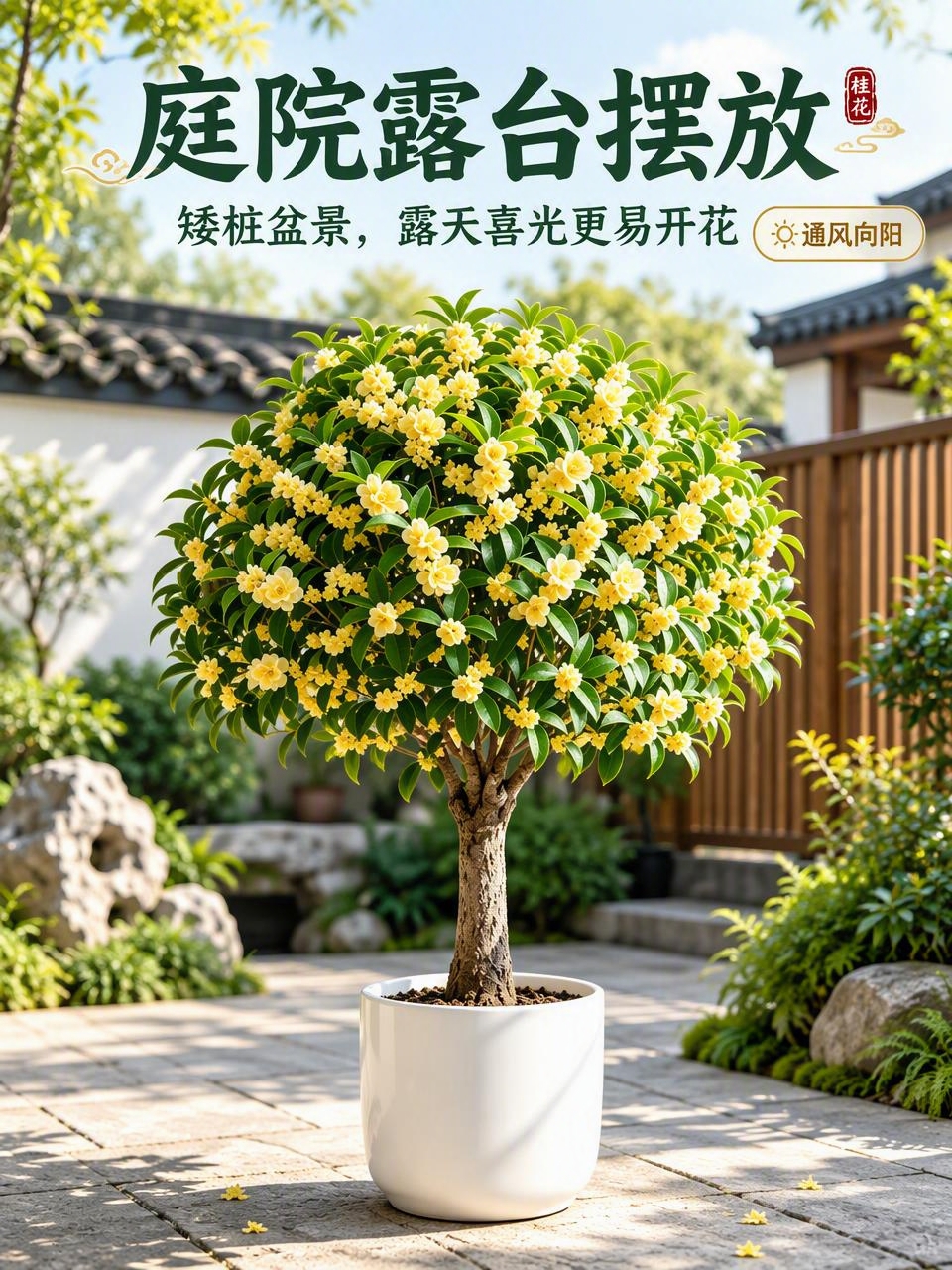 淘宝天猫电商主图，3:4竖版，画面主体是一盆矮桩桂花盆景，树冠… - 图片创意预览