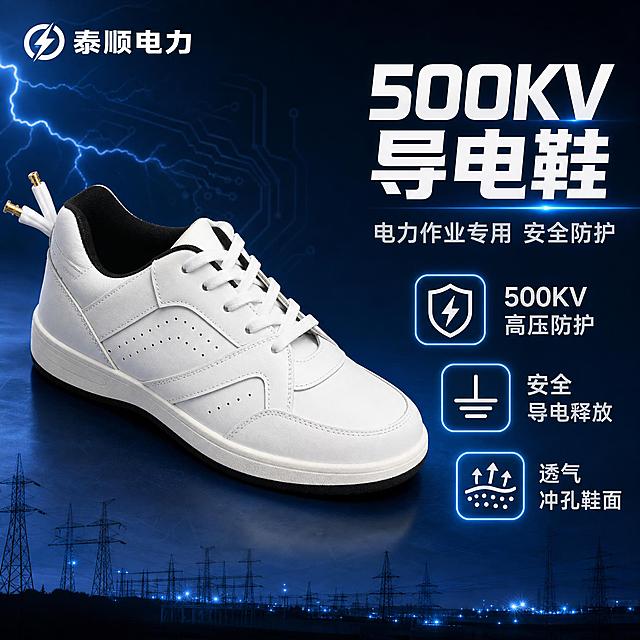 [主图-1] 500KV导电鞋核心卖点首图，突出高压防护与专业安全性能，店铺名称为泰顺电力。
[统一基调] 专业工业安全风，背景采用深蓝渐变搭配电力科技感光效，主标题白色粗体，辅助文字浅灰色，强调色为电光蓝，字体为硬朗无衬线体，整体传递专业靠谱的电力安全品质感。
[画面] 鞋子主体位于画面中央偏左，占比约65%，45度侧视角度展示完整鞋型，白色鞋面、黑色鞋口内衬、白色鞋带、白色中底、黑色外底均与原图一致，鞋后跟的导电接线柱清晰可见。背景为深蓝色渐变，带有细微的电路纹理和淡蓝色电光效果，底部有柔和的电力站轮廓剪影。左上角放置"泰顺电力"店铺名称标识。右侧留负空间放置主标题和卖点图标。
[光影质感] 商业摄影质感，主光从左上方打来，鞋身有自然高光和阴影，鞋底有柔和接触阴影，鞋面皮革材质体现细腻质感，冲孔透气孔清晰可见，导电接线柱有金属光泽。
[配色] 背景深蓝渐变，主标题白色，辅助文字浅灰，强调色电光蓝，鞋子保持原图白色主调。
[文字版式] 右侧上方大主标题"500KV导电鞋"，下方副标题"电力作业专用 安全防护"，再下方排列3个图标卖点模块：高压防护标识配"500KV高压防护"、导电释放标识配"安全导电释放"、透气标识配"透气冲孔鞋面"。文字全部横排，清晰可读，不遮挡鞋子主体。
[输出要求] 1:1正方形比例，产品清晰不变形，文字清晰无错字，画面干净专业，无水印无平台Logo，禁止出现极限词和违禁用语。