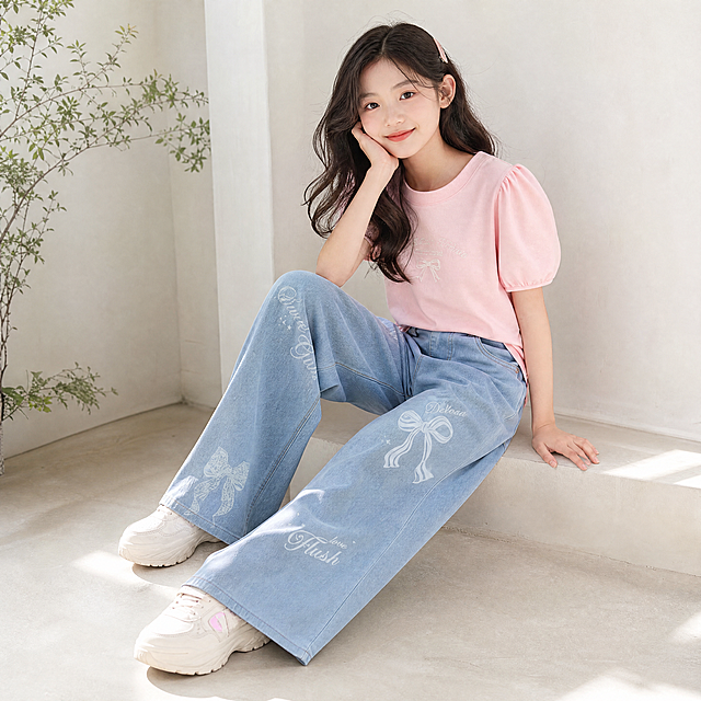 女童穿搭全身照，女童穿着浅粉泡泡袖T恤和浅蓝色蝴蝶结印花阔腿牛仔裤，浅白墙面搭配小绿植角落，自然靠墙坐姿摆拍，低饱和色调，温柔韩系街拍风格，淘宝主图尺寸
