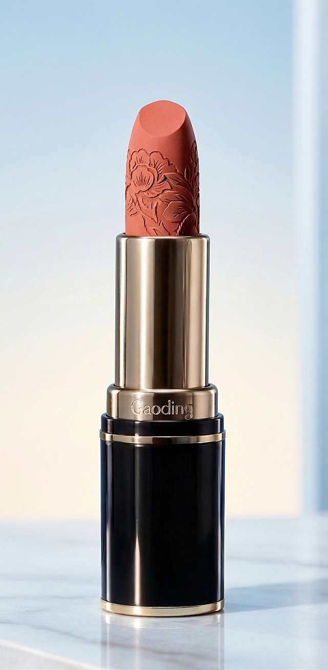 国潮风浮雕唇膏，双色金属设计，融合中式复古与奢华质感，尽显优雅时尚。