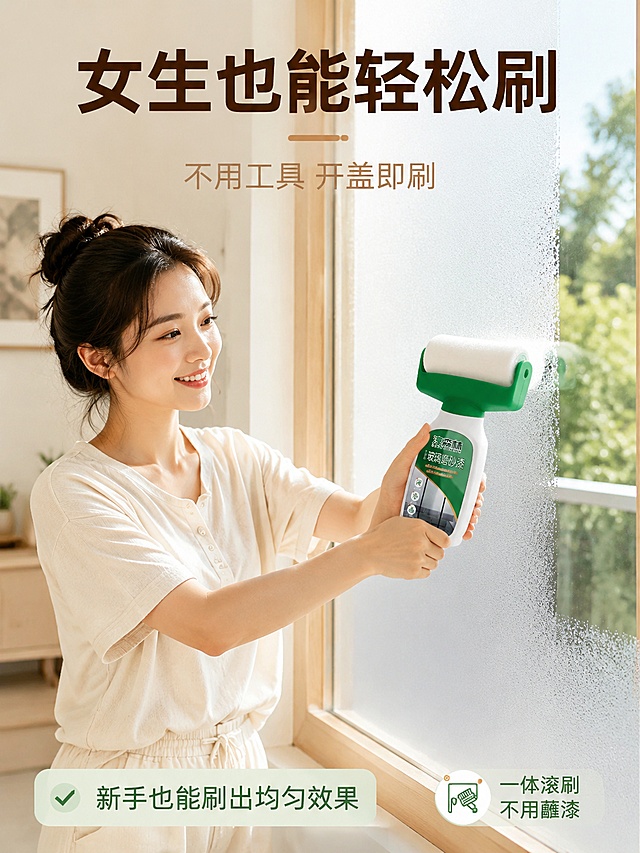 [第10屏] 真人操作展示-女生轻松涂刷。本屏使用【图2】作为手持产品。
[氛围/风格] 真人使用场景，温馨家居风，自然真实，商业摄影质感。
[元素布局] 画面主体是一位年轻亚洲女生（半身/腰部以上），站在窗户前，双手握着淳森林玻璃磨砂漆大滚刷，正在窗户玻璃上从上往下涂刷；滚刷走过的地方玻璃变成柔雾磨砂效果，未刷部分还是透明；女生表情轻松自然，穿浅色家居服；背景是明亮的室内，窗外有自然光。
[光影质感] 自然光从窗户右侧照入，人物面部光线柔和，玻璃有反光，整体明亮温馨。
[配色色系] 全局底色暖白+浅木色（#FFF9F0→#F5EFE0）；主色绿色（产品）+白色；辅助色浅木色窗框、浅蓝玻璃、米色家居服。
[视角构图] 正面微侧视，人物居中，产品在手中清晰可见，阅读动线顶部标题→人物操作场景→底部信息。
[文字版式] 顶部大标题「女生也能轻松刷」，深棕色粗黑体；副标题「不用工具 开盖即刷」浅棕色；底部信息条「新手也能刷出均匀效果」浅绿底深绿字；旁边小字标注「一体滚刷 不用蘸漆」。文字不遮挡人物和产品。
[比例分辨率] 3:4竖版比例，4K分辨率，文字清晰可辨，高清画质。
[负向提示词] 产品变形，人物面部不自然，动作僵硬，水印，文字错乱，玻璃效果不真实，产品在手中比例失调。