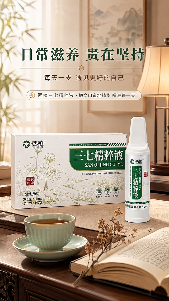 [商品] 使用【图1】西植三七精粹液包装盒正面 + 【图4】单支瓶身；保留产品全部外观、文字、Logo与颜色；产品置于新中式居家场景中，清晰可读。
[画面] 目标：收尾转化页，居家养生氛围感收束，传递长期滋补理念。构图：场景氛围型，产品包装盒与单支瓶身置于中式木质茶几上，旁边有青瓷茶杯、一本翻开的书、一枝干花、柔和的台灯暖光；背景为虚化的新中式客厅一角，纱帘、竹影、远山挂画；晨光从侧窗洒入，整体温暖宁静有生活气息，层次≥3层。
[视觉] 套系策略：风格=新中式轻奢养生商业摄影；标题字=宋体衬线粗体（清雅有风骨）；正文字=简洁无衬线体；主色=浅米白+松烟绿；背景延展=新中式居家场景，暖调自然光，木色、竹色、米色交织；强调色=浅金色，仅用于高光与小面积装饰；标题色=深松烟绿；正文色=暖灰褐；组件=简洁文字标签、细金线点缀；光影=暖调晨光，柔和有氛围感，产品有自然光泽。
[文字] 上方或侧边主标题「日常滋养 贵在坚持」，副标题「每天一支 遇见更好的自己」；下方短句收尾：「西植三七精粹液 · 把文山道地精华 喝进每一天」；文字全部横排，字号适中，不遮挡产品主体，意境温暖有记忆点。
[规格] 图片比例9:16竖版，4K，负向提示：深色背景、老气陈旧、廉价感、文字模糊、医疗功效、绝对化用语、竖排文字。