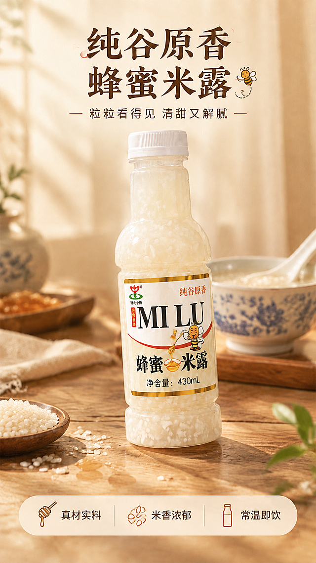 将图中的枸杞米露瓶子替换为蜂蜜米露瓶子（金色边框标签、蜜蜂卡通图案、写有"蜂蜜米露"字样），保留原图的全部背景场景、光影氛围、道具（木碗糯米、枸杞、青花瓷碗、麻布、绿植等）不变；瓶子位置、大小、角度、光影与原图一致，瓶身标签完整保留蜂蜜米露的全部文字与图案，瓶内米粒质感与原图一致，与场景光影自然融合，接触阴影真实。同时将画面上方大标题"枸杞米露"改为"蜂蜜米露"，副标题和底部卖点中的枸杞相关描述改为蜂蜜相关，如"真材实料""米香浓郁""常温即饮"保留，整体文案风格与排版位置不变。