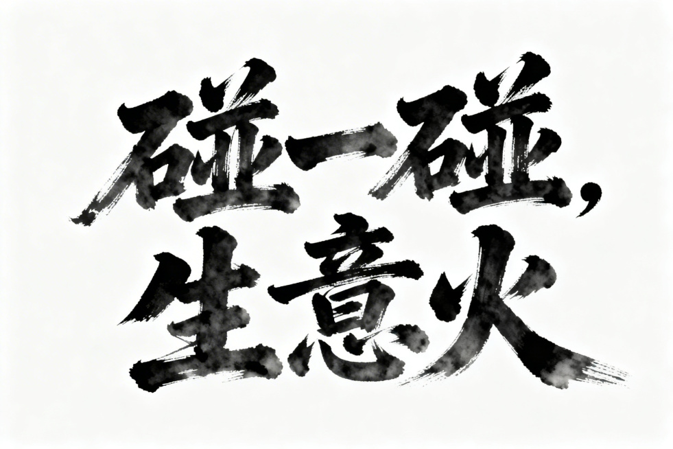 毛笔字书写“碰一碰，生意火”，字体苍劲有力，充满传统书法韵味预览效果