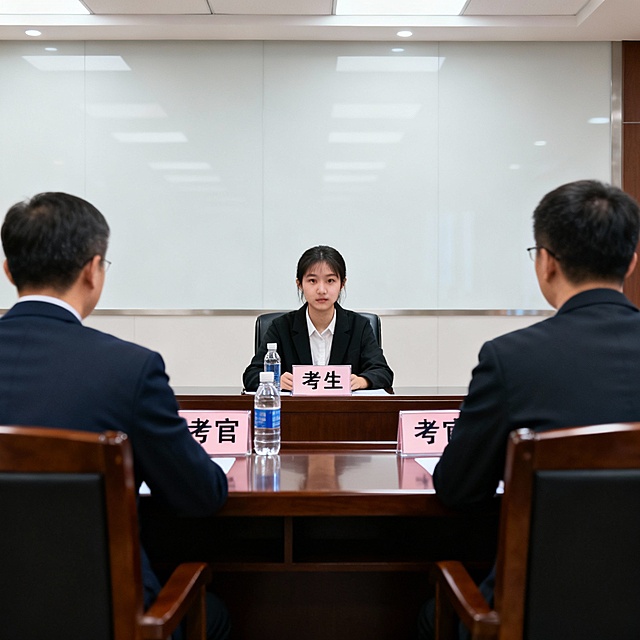 考官视角：考官座位前有考官字样水牌，对面是考生，考生面前有考生字样水牌