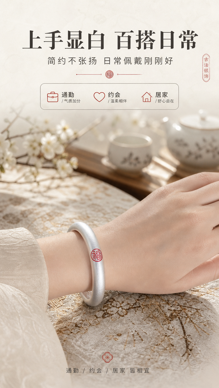 [商品] 使用【图2】古法描红福字足银手镯；保留闭口圆条镯型、… - 图片创意预览