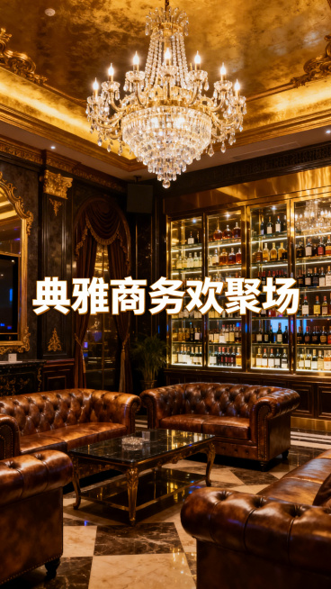 西安商务KTV场景，复古欧式装修风格，水晶吊灯，皮质沙发，精致的酒柜陈列，添加文字“典雅商务欢聚场”预览效果