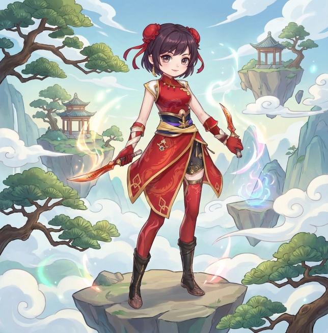 把图二的角色变成图一的大头Q版风格，添加仙侠背景预览效果