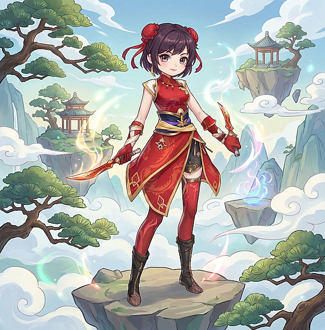 把图二的角色变成图一的大头Q版风格，添加仙侠背景