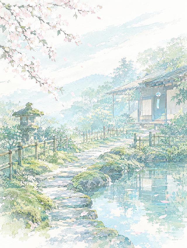 参考图的清新水彩插画风格，蓝绿色调为主，日式风格。重新生成画面内容：日式庭院场景，青石板小径蜿蜒，两侧是翠绿的苔藓和低矮的竹篱，远处有古朴的木质茶屋，屋檐下挂着风铃，几枝樱花从画面角落探出，水面倒映着天空和树影，整体氛围静谧雅致，日式浮世绘与水彩结合的风格，留白充足，色彩淡雅柔和