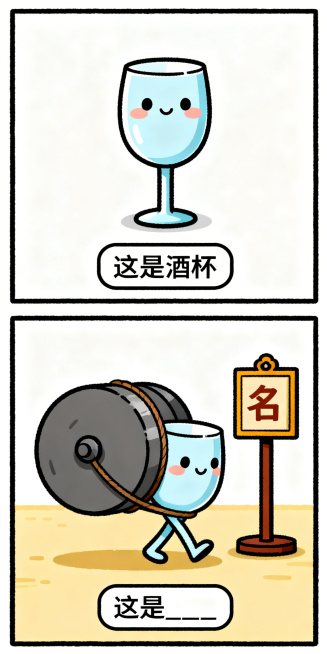手绘搞笑纵向双格漫画，上半格：Q版可爱的酒杯，极简背景，底部文字框写“这是酒杯”；下半格：酒杯驮着一个大砝码，旁边立着一块写着“名”的牌匾，底部文字框写“这是____”，线条清晰，色彩鲜明预览效果