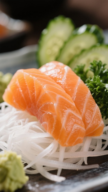 高清美食摄影风格，特写镜头下的三文鱼刺身，橙红色鱼肉纹理清晰，表面泛着新鲜油光，下方铺着晶莹剔透的白色萝卜丝，背景点缀着翠绿的黄瓜片和深绿色欧芹叶，整体色彩鲜亮明快，光线柔和均匀，突出食材的新鲜感和细腻质感，构图饱满，主体突出，营造出精致诱人的日式料理氛围。预览效果