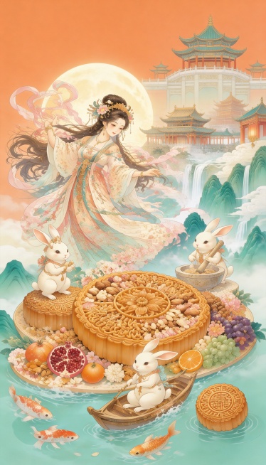 东方美学中秋主题国风插画，包含嫦娥与玉兔，嫦娥身着飘逸传统服饰衣袂点缀花卉，背后圆月若隐若现，三只玉兔分别站在月饼上、捣馅料、划小船，画面中央巨大雕花月饼铺满坚果花瓣，搭配石榴葡萄橙子鲜果，右下角有带预览效果
