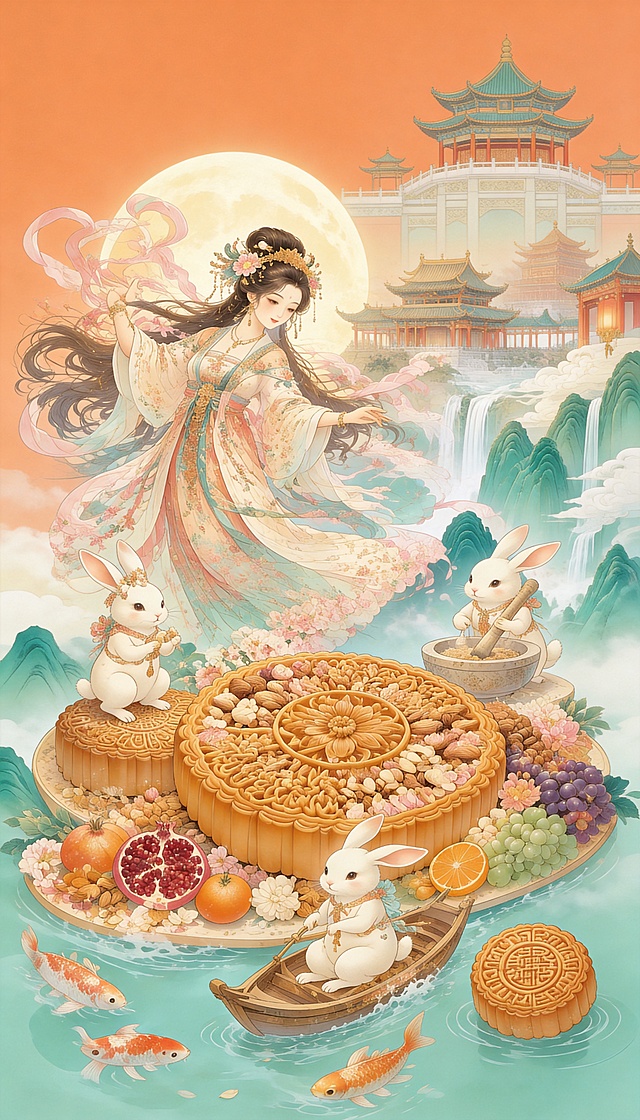 东方美学中秋主题国风插画，包含嫦娥与玉兔，嫦娥身着飘逸传统服饰衣袂点缀花卉，背后圆月若隐若现，三只玉兔分别站在月饼上、捣馅料、划小船，画面中央巨大雕花月饼铺满坚果花瓣，搭配石榴葡萄橙子鲜果，右下角有带传统纹样印章的月饼，背景是广寒宫亭台楼阁，搭配青绿色山峦云雾瀑布和锦鲤跃水，整体色调为暖橘柔粉浅青莫兰迪色系，线条简约，减少笔触，结合传统工笔画精致和现代插画柔和感，包含嫦娥奔月、玉兔捣药、锦鲤跃水、丰收团圆等吉祥寓意，氛围感十足，国风仙宫意境