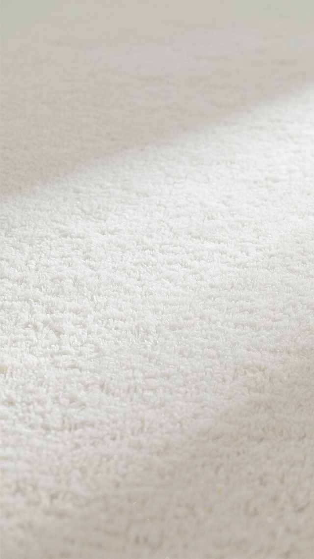一张展示地毯材质的特写图片，整体呈现出柔和的纯白色调，光线均匀柔和，无明显阴影，营造出干净、简约、舒适的氛围。地毯表面为细腻的短绒材质，绒毛紧密且均匀分布，具有轻微的自然纹理和细腻的质感，触感柔软顺滑，整体视觉效果平整而富有轻微的光泽感。