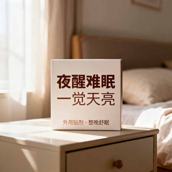 [主图 2] 舒眠贴产品主图，场景感风格适配长辈通用。[氛围风格] 温馨居家氛围，温和舒适电商风。[画质] 商业摄影质感，光线柔和通透，产品清晰真实，画面干净高级。[元素] 舒眠贴产品放置在简约卧室床预览效果