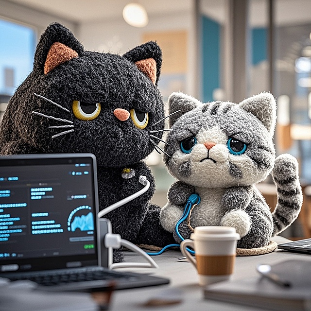 拟人风猫咪，面料质感，卡通可爱，共用耳机，专注编程，温馨办公场景。