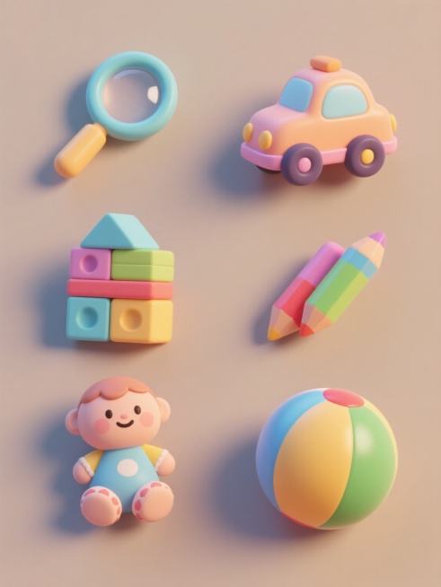 一套6个不同儿童玩具的3D图标集合，每个图标均采用圆润可爱的卡通风格设计，具有光滑的表面质感和柔和的渐变色彩，元素类目为儿童玩具，包含放大镜、卡通小汽车、积木、彩色蜡笔、布娃娃和小皮球，每个玩具图标单独放置在纯色背景上，整体画面色彩变换为鲜艳活泼的马卡龙色系，所有图标规整地排列成两行三列的网格布局，保持一致的光照效果和阴影处理，确保视觉上的统一性和系列感。预览效果