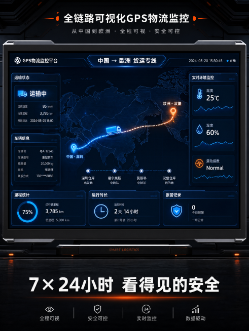 [主图-3] 全链路可视化GPS物流监控主题海报。构图为数字孪生仪表盘风格，主体是一个大尺寸GPS监控显示屏，屏幕中央显示一条从中国到欧洲的货运路线，路线上有一个发光的卡车图标正在移动。屏幕四周悬浮显预览效果