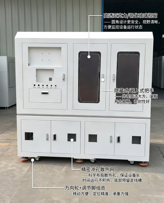电商详情页产品细节展示板块，对图片中的四个细节进行拉线标注：1.观察视窗：椭圆形窗，标注文字“高透亚克力/钢化玻璃视窗 —— 圆角设计更安全，视野清晰，方便监控设备运行状态”。2.门板与把手：双开门，预览效果